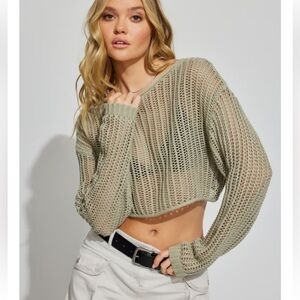 Garage Olive Green Cropped Open Knit Scoop Neck Sweater
